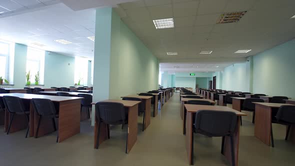 Empty interior of classroom. Front view of modern classroom interior alt