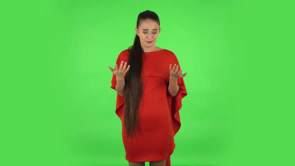 Pretty Young Woman Is Pointing Herself, Say Who Me No Thanks i Do Not Need. Green Screen