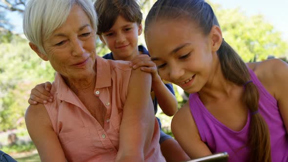 Grandmother and grand kids using mobile phone in the park