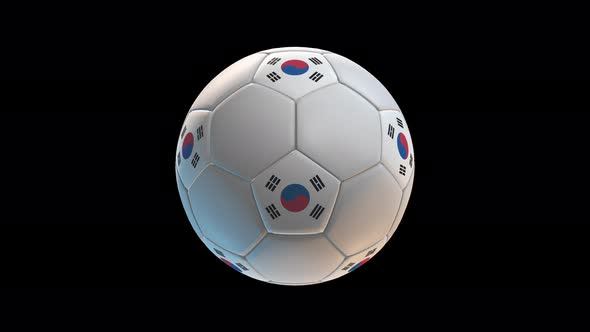 Soccer ball with flag South Korea, on black background loop alpha alt