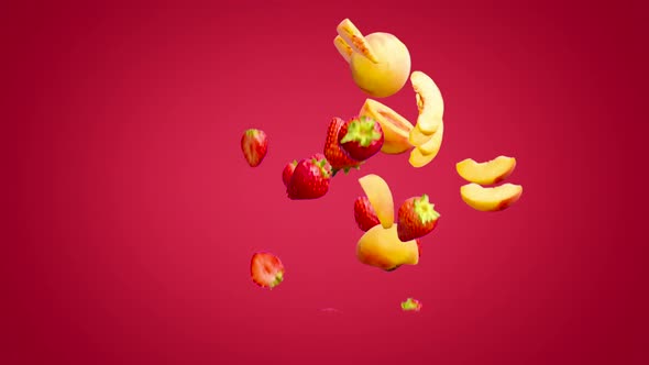 Peach Avocado and Strawberry Fruits Fall on a Red Background