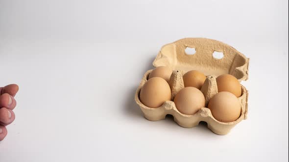 Eggs disappear from small Cardboard egg box on white background. Stop motion animation