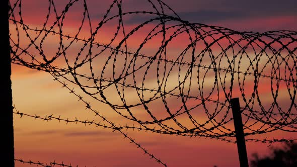 The Fence with Barbed Wire on the Background of a Cloudy Redblue Sky