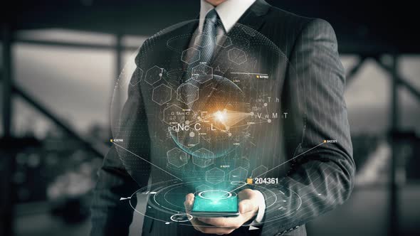 Businessman with Network Economy Hologram Concept alt