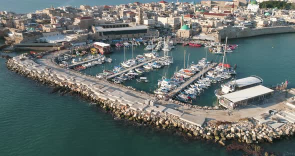 Aerial view of the harbour at Acre old town, Israel.