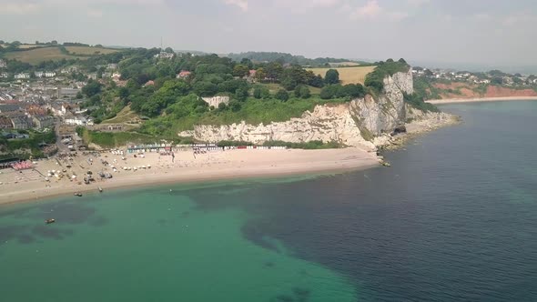 Beautiful Devon, Beer coastal aerial view. Chalk cliffs, crystal clear water.