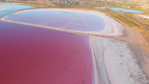 Wonderful Flight Over a Pink Salty Lake at Sunset in the Evening