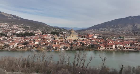 Aerial view of Orthodox Svetitskhoveli Cathedral in Mtskheta, Georgia