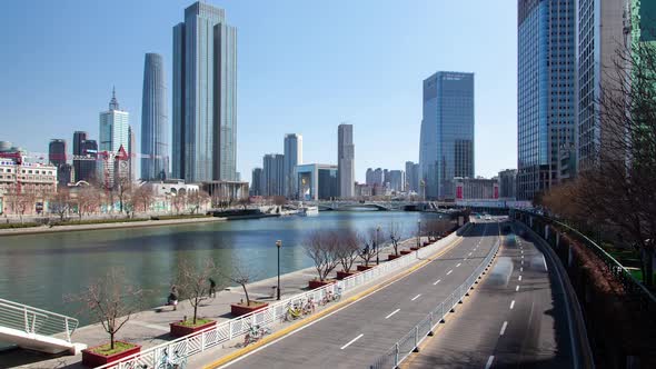 Chinese Road on Tianjin Heping District Embankment Timelapse