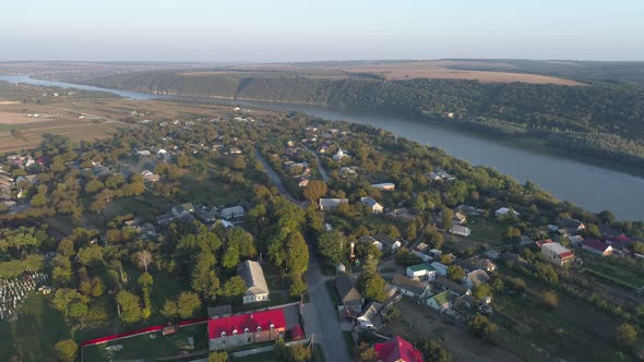 Aerial view of a town and a river