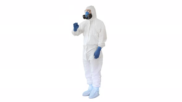 Scientist in Protective Suit and Respirator Pointing Futuristic Screen on White Background