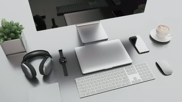 Top View Of Business Desk With Gadgets alt