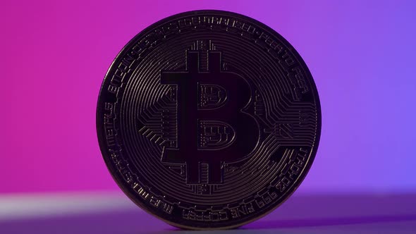 Bitcoin in Shadow and light. Cryptocurrency bitcoin and Pink Blue color light mood tone.