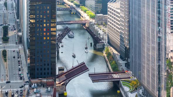 Chicago Bridge Lift From Above - Time Lapse