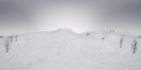 VR 360 Camera Moving Above Snow Rocky Mountains