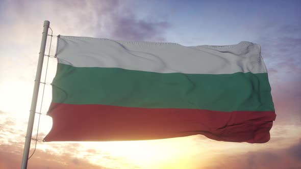 Flag of Bulgaria Waving in the Wind Sky and Sun Background