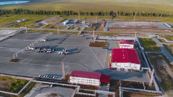 The Base of an Oil Production Company in the Taiga Drone Flight Over the Parking of Special