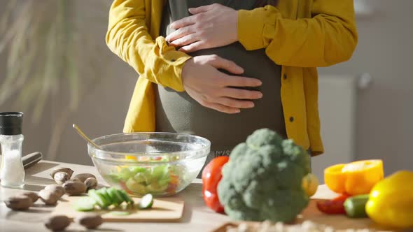 Young Unrecognizable Woman Caressing Pregnant Belly Gesturing Heart Shape Standing Indoors