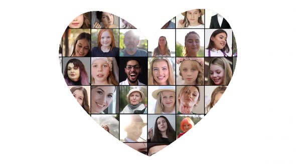 Heart shaped collage. Multiscreen on smiling multiethnic people. Joy, serenity, happiness.