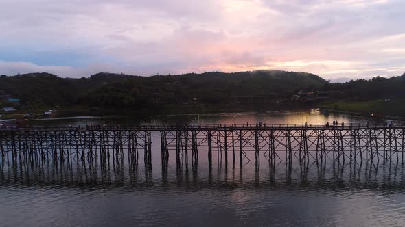 4k Aerial Drone Video over The old wooden bridge (Mon bridge) at Sangkhlaburi