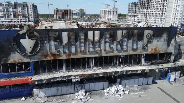 Wartorn Building of a Shopping Center in Bucha Ukraine