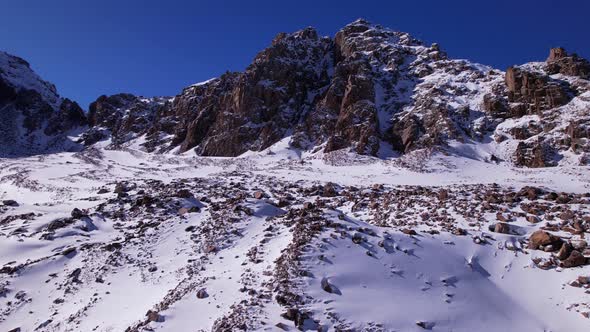 Drone View of the High Snowy Peaks of Kazakhstan