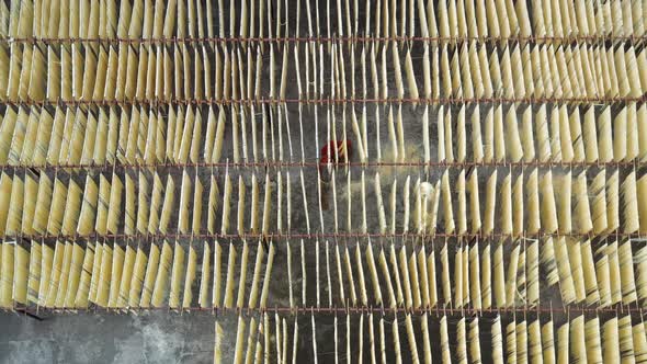 Aerial view of Drying of natural fibers for fabric, Barga, Rajshahi, Bangladesh.