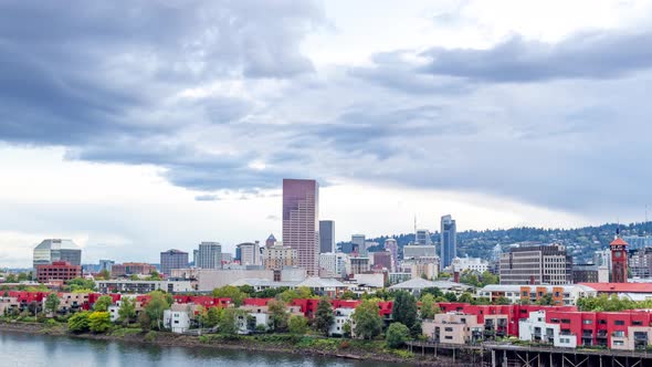 Portland Oregon City Skyline on A Beautiful Day with Epic Clouds Rolling Over the City Timelapse.