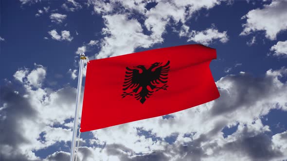 Albania Flag With Sky 4k