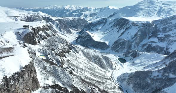 Gudauri, Georgia - February 22, 2022: Aerial view of Russia–Georgia Friendship Monument