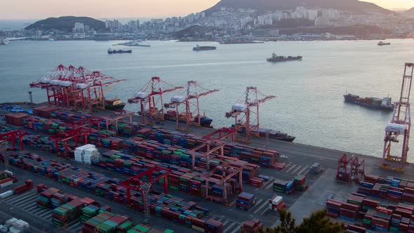 Timelapse Vessels Sail in Busan Harbour with Containers