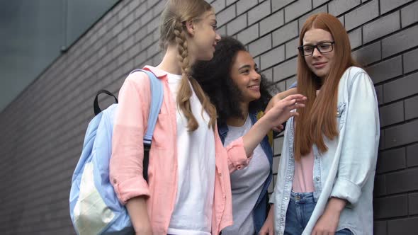 Female Students Pushing With Elbow Scared Schoolgirl, College Bullying Backyard