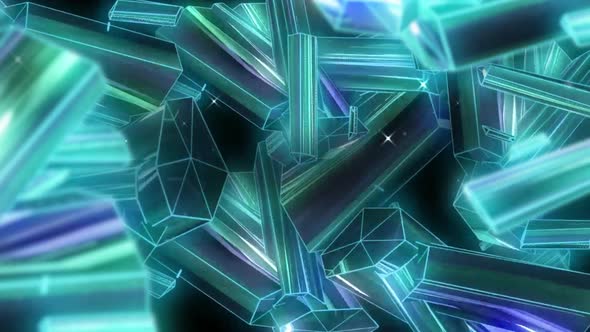 Animation of glowing 3d turquoise blocks of shiny metal turning alt