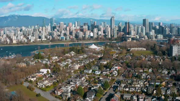 Aerial drone view of beautiful downtown Vancouver, British Columbia, Canada.