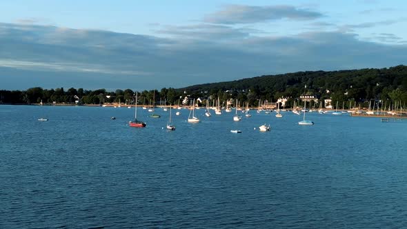 Aerial view flying drone of town Herrsching at Ammersee lake, popular excursion and recreation place