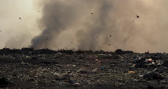 Burning garbage pile in trash landfill