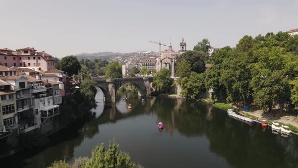 Old bridge on Tamega river at Amarante, Portugal. Aerial panoramic view