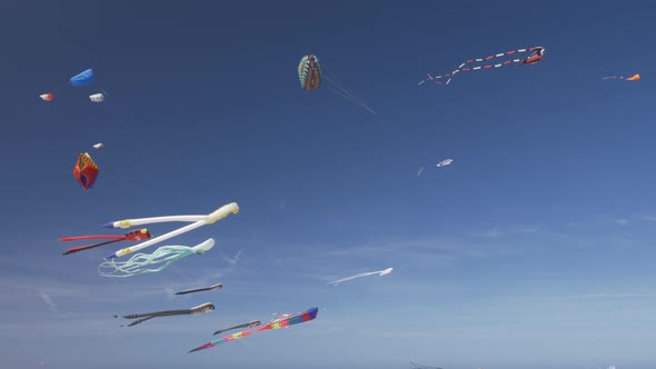 Various kites in the sky on Wind Festival in Valencia, Spain