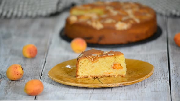Slice of fresh baked apricot and almond cake	