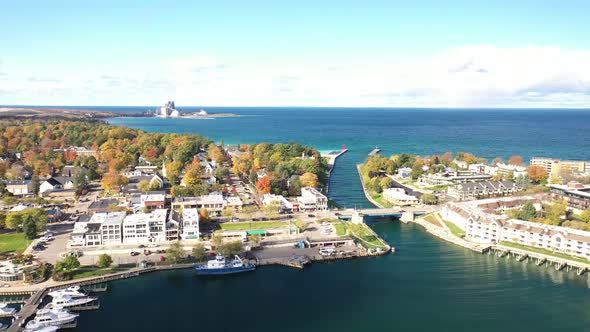 Drone video skyline of Charlevoix, Michigan.