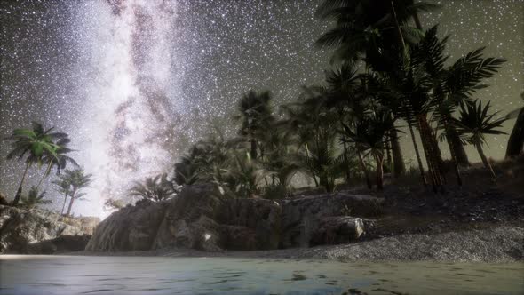 Beautiful Fantasy Tropical Beach with Milky Way Star in Night Skies