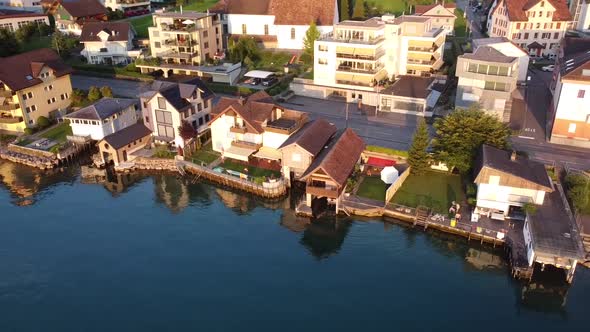 village by swiss lake  from drone view