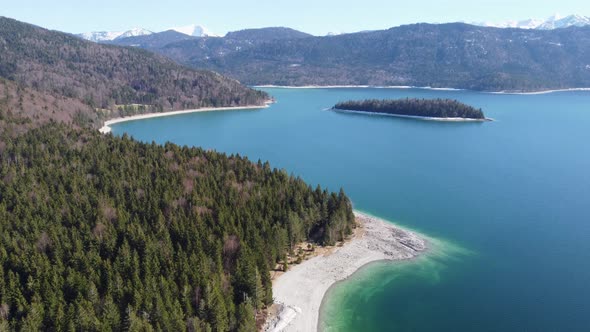 Aerial view of the lake Walchen in Bavaria, Germany