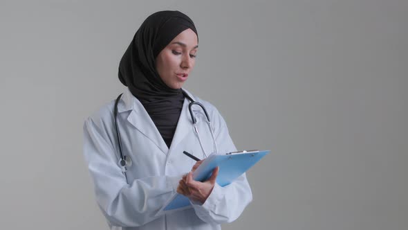 Physician Specialist Woman Female Doctor Muslim Therapist Wear Hiding Hijab Listen Health Concerns