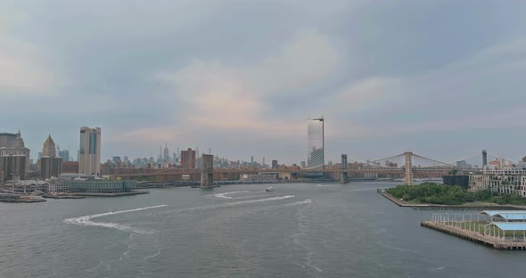 Panorama View Manhattan Skyline Office Buildings with Hudson River Near Downtown New York City