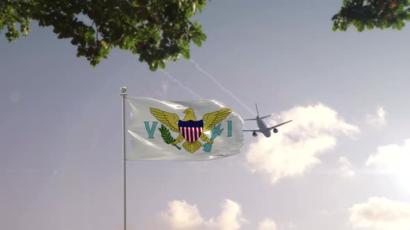 Virgin Islands US Flag With Airplane And City -3D rendering