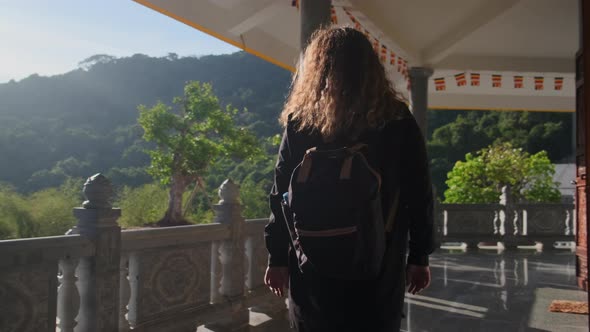 Female Traveler is Walking in Truc Lam Ho Quoc Zen Monastery in Vietnam