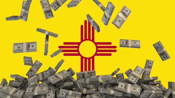 US Dollars falling in front of New Mexico State Flag