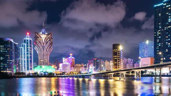 Timelapse Macau Peninsula city district with Casino buildings