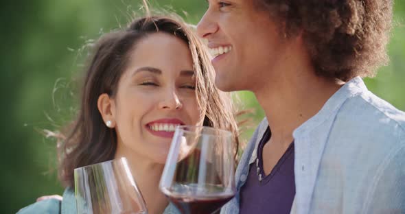 Romantic Young Woman and Man Tasting Wine Having Exciting Private Degustation at Italian Vineyard